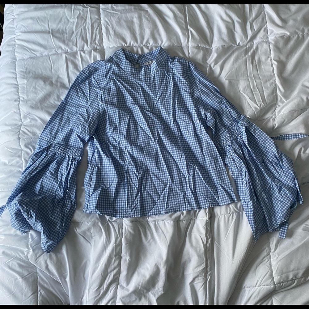 Mock High Neck and Bell Sleeved Blue and White Plaid Top, Size Medium